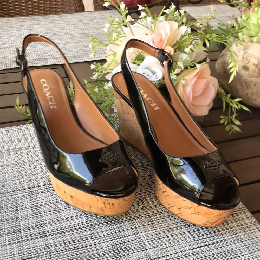 Womens Coach Cork Wedge Sandals Black Patent Leather 6.5B Worn Twice